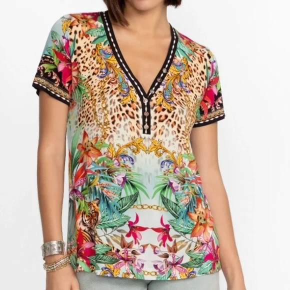 NWT Johnny Was THE JANIE FAVORITE SHORT SLEEVE HENLEY TEE Size US XL - Picture 3 of 6